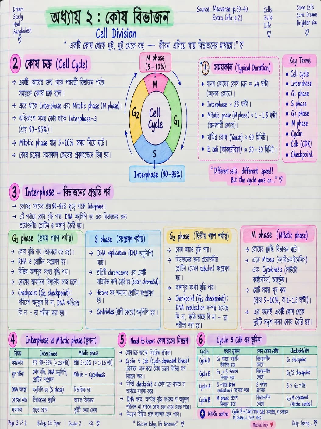 Handwritten Botany notes: the cell cycle and interphase, with diagrams and a comparison table